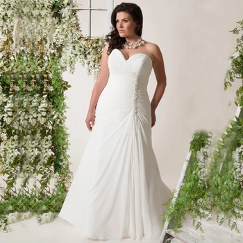 Elegantné Plus Veľkosť Svadobné Šaty Milú Vestido de Novia Sweep Vlak Biela/Ivory Šifón Svadobné Šaty s Perlami