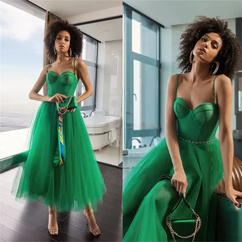 Korzet Zelená Tylu Večer Party Šaty Luxury Line Lesklý Pás Ženy Party Šaty Večerné Šaty vestido de baile de formatura