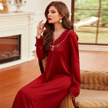 Červená Abaya Pre Ženy tvaru Dubaj turecké Šaty Voľné Satén Velvet Červené Víno Ručne Šité Vŕtať Košeľa Dlhý Rukáv Šaty Ženské Oblečenie