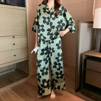 Ženy Zelená Saténové Pyžamo Vyhovovali Polovičný Rukáv Sleepwear Bežné Domáce Oblečenie Tlač na Kvetinový Pyžamá Dlho 2ks Odev Plavky
