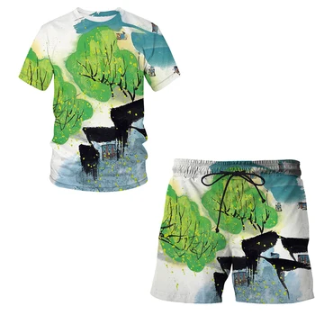 Letné Čínsky kefa obraz 3D tlač pánske T-shirt šortky vyhovovali pánske športové oblečenie O-krku krátkym rukávom pánske oblek oblečenie