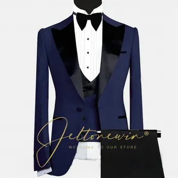 Boutique Módne pánske Bežné Obleku 3ks Sada Námornícka Modrá Formálne Elegantné Smoking Nevesty Svadobné Šaty, Kostým Mariage Homme
