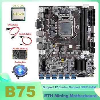 HOT-B75 ETH Ťažba Doske 12XUSB+G1620 CPU+MSATA SSD 64 G+Switch Kábel usb+SATA Kábel+CPU Chladiaci Ventilátor BTC Baník Doska