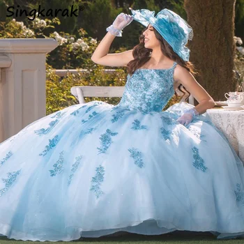 Nový Príchod 2023 Modrá Princezná Quinceanera Šaty Popruhy Čipky Korálky =Appliques Sweet 16 Šaty Plesové Šaty, Vestido De 15 Anos