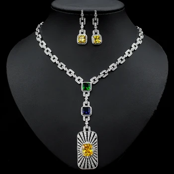 Ekopdee 2ks Luxusné Multicolor Cubic Zirconia Náhrdelníky Náušnice Pre Ženy Dubaj Nevesty Svadobné Šperky Sady Kostým Príslušenstvo