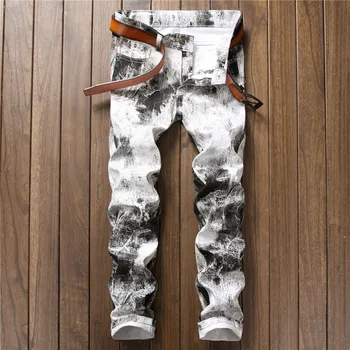 Módna návrhárka slim fit chudá úsek biele nohavice punk hip hop vytlačené jeans denim mužov spodnie džínsy mužov nočný klub streetwear