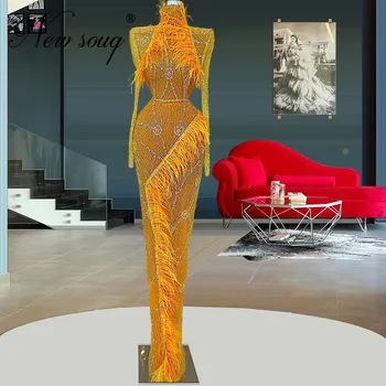 Coutures Iskrivý Žltá Celebrity Dlhé Šaty S Korálkami Rúcha De Soiree Dubaj Formálnej Strany Šaty Perie Korálkové Večerné Nosenie