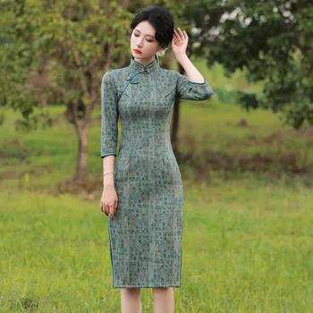 Elegantný Nový Tenký Dlhý Vidlica Ženy Qipao Vintage Tlačidlo Čínskej Tradičnej Mandarin Golier Party Šaty Dámske Cheongsam