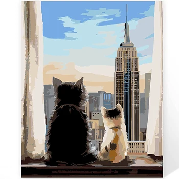 AMTMBS DIY Maľovanie Podľa Čísel, New York Mačka Obrázky Podľa Čísla Kresba Na Plátne HandPainted Wall Art Decor