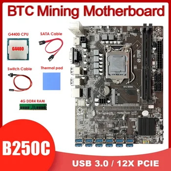 HOT-B250C 12 USB3.0 BTC Ťažba Doske+G4400 CPU+4G DDR4 RAM+Switch Kábel usb+SATA Kábel+Tepelná Pad LGA1151 DDR4 MSATA+VGA
