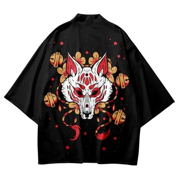 Japonský Voľné Black Fox Tlač Cardigan Ženy Muži Yukata Oblečenie Harajuku Kimono Veľkosti 6XL