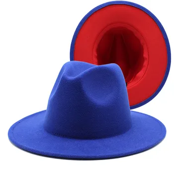 Móda Kráľovská modrá červená Patchwork Plstený Klobúk Ženy Muži Široký Okraj Imitácia Vlna Jazz Fedora Klobúk Panama plstený klobúk Spp Trend Gambler Hat