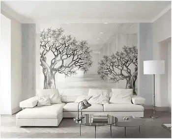Vlastné nástenné 3d foto tapety Priestor čiernej a bielej náčrt line strom domova tapety pre obývacia izba moderne v kotúčoch