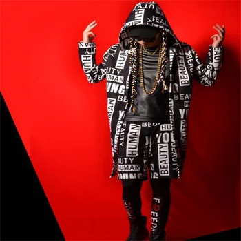 Nočný klub bundy pánske kabáty mužský spevák čierne a biele písmená hip-hop big-názov bar kostým príslušenstvo fáze kapucňou