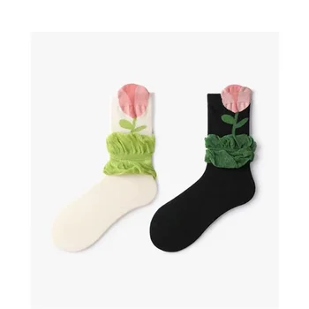 Kvety Malé dámske Ponožky Stredná Trubka na Jar a na Jeseň Tenké Študent Pančuchy Univerzálny Trend in Zelené Listy Ponožky