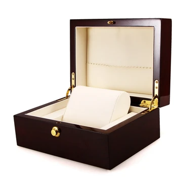 Drevo Farba Hladké Jeden Watch Box s Bielym Pu Kožené Vankúše High-Grade Balenie Box Darček Šperky Skladovanie