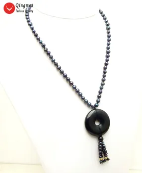 Qingmos Prírodné Perlový Náhrdelník pre Ženy s 6-7mm Čierny Okrúhly Pearl & 40mm Šišky Tvar Black Agates Prívesok Náhrdelník Šperky