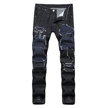 Nová Jar leto Európskej Americký originál trend patch vyšívané jeans pánske muž otvor patch rovno slim nohavice nohavice