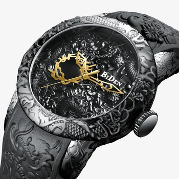 Luxusné Mužov Zlato Sledovať 3D Dragon Nepremokavé Nehrdzavejúcej Ocele Unikátne Tvorivé Zlatého Muža Náramkové hodinky Gumy Popruh Mužov Darček
