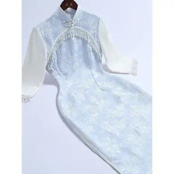 Ženy Modrá Jeseň Dlho Cheongsam Šaty Vintage Slim Korálky Strapec Elegantné Svadobné Šaty S Až XXL