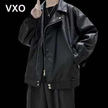 VXO Kože Biker Jacket Mužov Streetwear Voľné Faux Kožené Bundy Pre Mužov Značky Kožené Oblečenie
