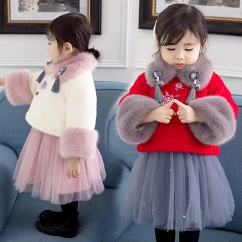 Čínske Dieťa Deti Zimné Oblečenie Sady pre Dievčatá Vianočné Oblečenie, Oblečenie Cashmere Hrubé Kabáty Šaty Teplé Cheongsam Oblečenie Sady