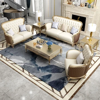 Americká ľahká luxusné masívneho dreva kožená sedačka 123 kombinácia high-end villa obývacia izba Európskej luxusné kožené jednoduché a umenie