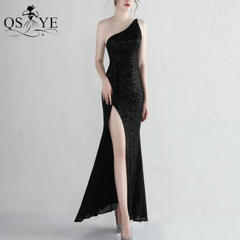Jeden Ramenný Čierne Večerné Šaty Sequin Sexy Prom Šaty Lesk Otvoriť Split Dlho Formálnej Strany Backless Ženy Móda Prom Šaty