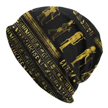 Zlaté Egyptských Hieroglyfoch Čiapočku Starovekého Egypta Retro Pletený Hat Vetru Teplé Kapoty Klobúk pre Mužov, Ženy, Pletené Čiapky