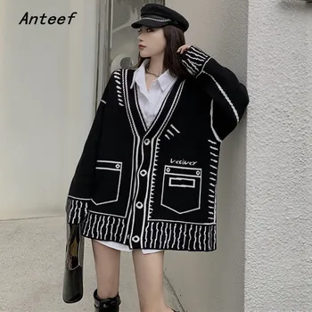 Anteef kórejský módne vintage pletené dlhý rukáv topy príčinné voľné nadrozmerné jeseň cardigan sveter ženy svetre kabát 2021