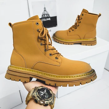 Britský štýl, módne mens púštne topánky žlté originálne kožené topánky vonku náradie práce boot kovboj platformu členok botas muž
