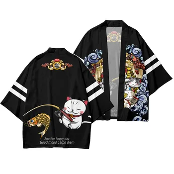 Japonský Štýl Mačka Kórejský Samuraj Kimono Cardigan Streetwear Mužov Japonsko Harajuku Anime Župan 2022 Lete Kimono Župan Oblečenie