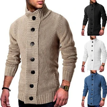 2023 Nové Mužov Sveter Cardigan Hrubé Pletené Coats Farbou Módne Gentleman Bežné Slim Jedno Breasting Svetre pre Pánske