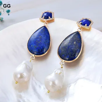 GuaiGuai Šperky Prírodná Biela Barokový Keshi Pearl Modrá Lapis Lazuli Zlatá Farba Á Visieť CZ Stud Náušnice Pre Ženy