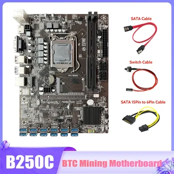 HOT-B250C BTC Ťažba Doske+SATA Kábel+Switch Kábel usb+SATA 15 kolí K 6Pin Kábel 12X PCIE Na USB3.0 Slot GPU Doska