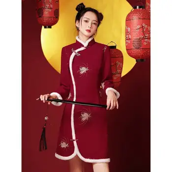 2022 červená qipao ženy móda vintage zahustiť čína tradičné elegantné cheongsam čínsky nový rok oblečenie večerné šaty qipao